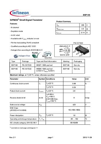 Infineon Technologies BSP149 MOSFET 1 N-kanaal 1.8 W SOT-223