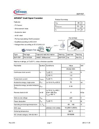 Infineon Technologies BSP170P MOSFET 1 P-kanaal 1.8 W SOT-223
