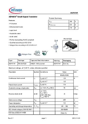 infineontechnologies Infineon Technologies BSP171P MOSFET 1 P-Kanal 1.8W SOT-223