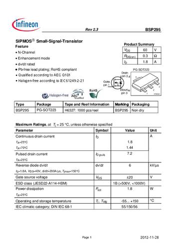 Infineon Technologies BSP295 MOSFET 1 N-kanaal 1.8 W SOT-223