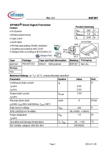 Infineon Technologies BSP297 MOSFET 1 N-kanaal 1.8 W SOT-223