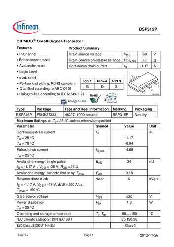 infineontechnologies Infineon Technologies BSP315P MOSFET 1 P-Kanal 1.8W SOT-223