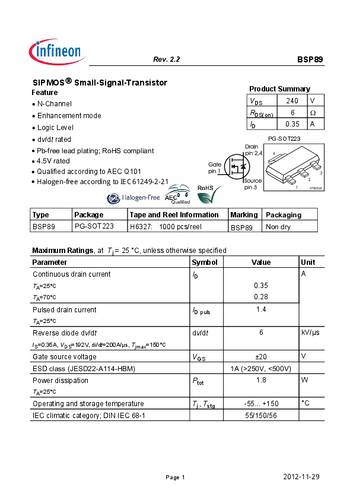 Infineon Technologies BSP89 MOSFET 1 N-kanaal 1.8 W SOT-223