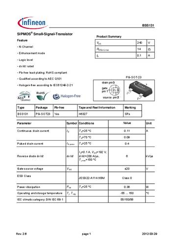 Infineon Technologies BSS131 MOSFET 1 N-kanaal 0.36 W SOT-23