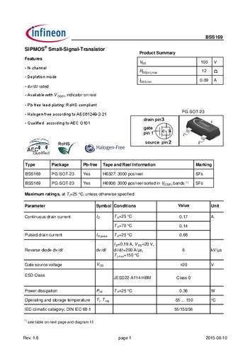 Infineon Technologies BSS169 MOSFET 1 N-kanaal 0.36 W SOT-23