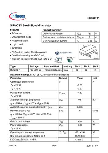 Infineon Technologies BSS83P MOSFET 1 P-kanaal 0.36 W SOT-23
