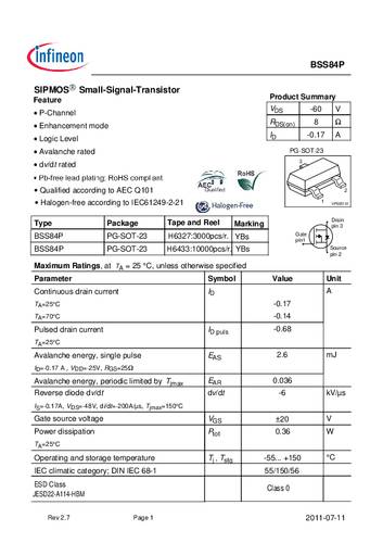 Infineon Technologies BSS84P MOSFET 1 P-kanaal 0.36 W SOT-23