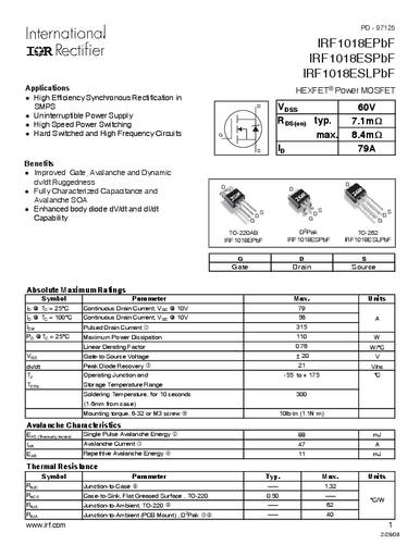 Infineon Technologies IRF1018ESPBF-GURT MOSFET 1 N-kanaal 110 W D2PAK