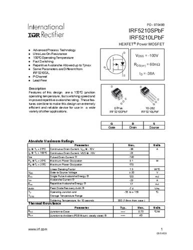 Infineon Technologies IRF5210SPBF-GURT MOSFET 1 P-kanaal 170 W D2PAK