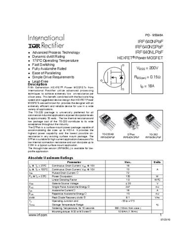 Infineon Technologies IRF640NSPBF-GURT MOSFET 1 N-kanaal 150 W D2PAK