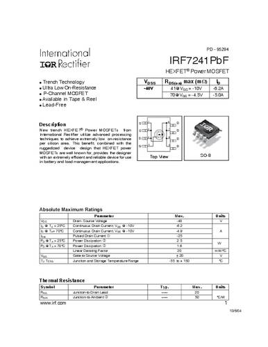 Infineon Technologies IRF7241PBF-GURT MOSFET 1 P-kanaal 2.5 W SO-8