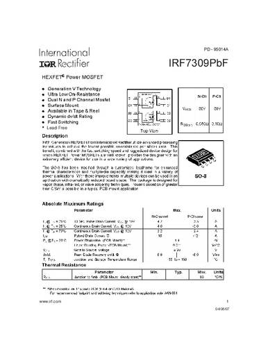 Infineon Technologies IRF7309PBF-GURT MOSFET 2 N-kanaal, P-kanaal 1.4 W SO-8