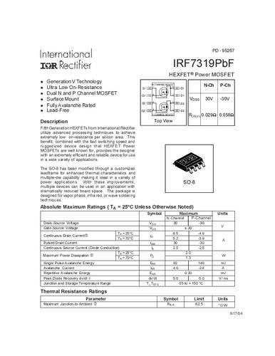 Infineon Technologies IRF7319PBF-GURT MOSFET 2 N-kanaal, P-kanaal 2.0 W SO-8