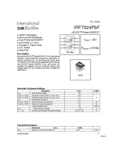 Infineon Technologies IRF7324PBF-GURT MOSFET 2 P-kanaal 2.0 W SO-8