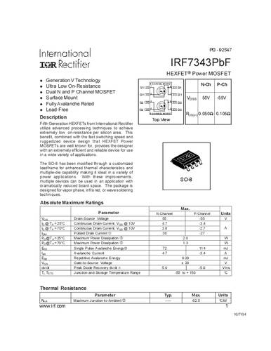 Infineon Technologies IRF7343PBF-GURT MOSFET 2 N-kanaal, P-kanaal 2.0 W SO-8