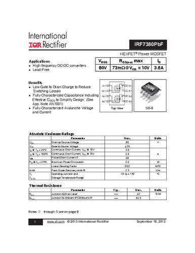 Infineon Technologies IRF7380PBF-GURT MOSFET 2 N-kanaal 2.0 W SO-8