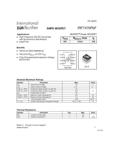 Infineon Technologies IRF7470PBF-GURT MOSFET 1 N-kanaal 2.5 W SO-8