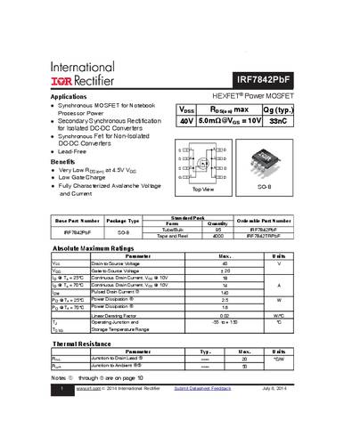 Infineon Technologies IRF7842PBF-GURT MOSFET 1 N-kanaal 2.5 W SO-8