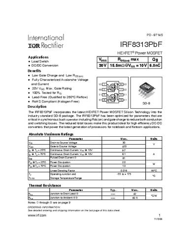 Infineon Technologies IRF8313PBF-GURT MOSFET 1 N-kanaal 2.0 W SO-8