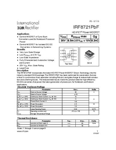 Infineon Technologies IRF8721PBF-GURT MOSFET 1 N-kanaal 2.5 W SO-8