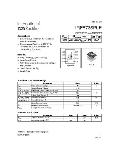 Infineon Technologies IRF8736PBF-GURT MOSFET 1 N-kanaal 2.5 W SO-8