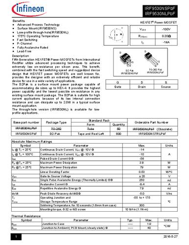 Infineon Technologies IRF9530NSPBF-GURT MOSFET 1 P-kanaal 79 W D2PAK