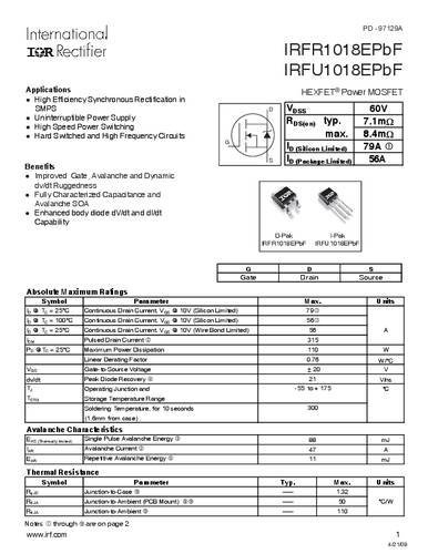 Infineon Technologies IRFR1018EPBF-GURT MOSFET 1 N-kanaal 110 W TO-252AA