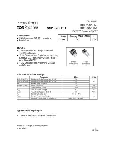 Infineon Technologies IRFR220NPBF-GURT MOSFET 1 N-kanaal 43 W TO-252AA