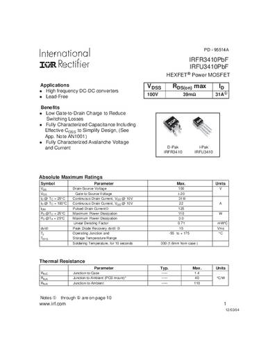 Infineon Technologies IRFR3410PBF-GURT MOSFET 1 N-kanaal 110 W TO-252AA
