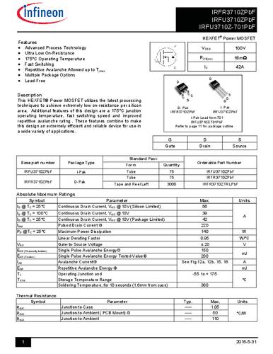 Infineon Technologies IRFR3710ZPBF-GURT MOSFET 1 N-kanaal 140 W TO-252AA