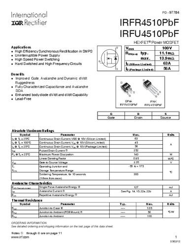Infineon Technologies IRFR4510PBF-GURT MOSFET 1 N-kanaal 143 W TO-252AA
