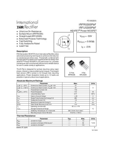 Infineon Technologies IRFR5305PBF-GURT MOSFET 1 P-kanaal 110 W TO-252AA