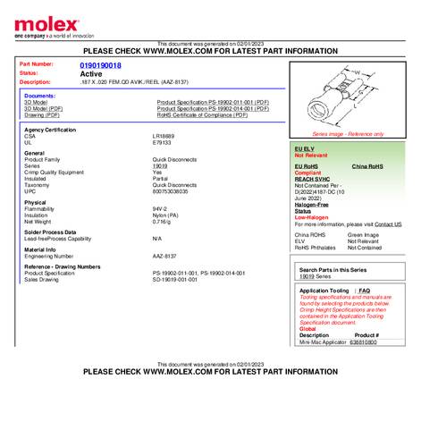 Molex 190190018 Platte stekker (female) 1 stuk(s)