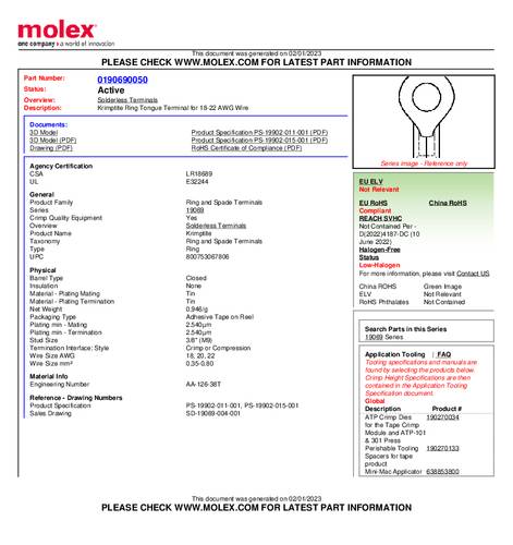 Molex 190690050 Ringkabelschoen 1 stuk(s) Tape