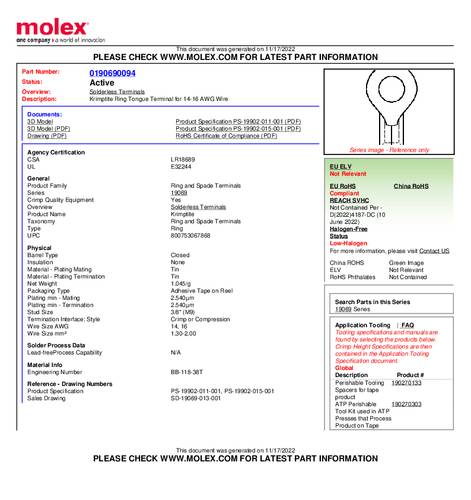 Molex 190690094 Ringkabelschoen 1 stuk(s) Tape
