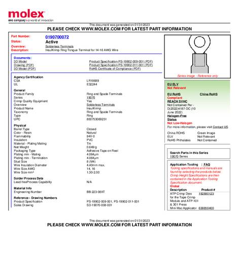Molex 190700072 Ringkabelschoen 1 stuk(s) Tape