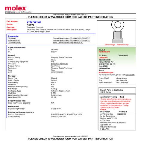 Molex 190700122 Ringkabelschoen Gat diameter: 4 mm 1 stuk(s) Tape