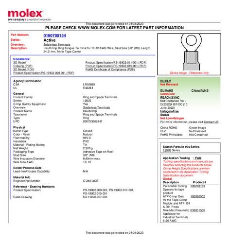 Molex 190700154 Ringkabelschoen Gat diameter: 9 mm 1 stuk(s) Tape