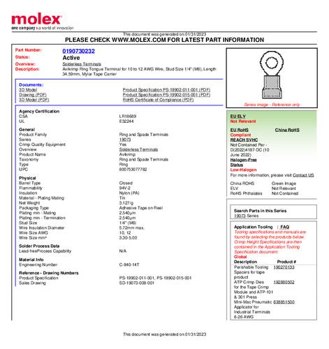 Molex 190730232 Ringkabelschoen Gat diameter: 6 mm 1 stuk(s) Tape