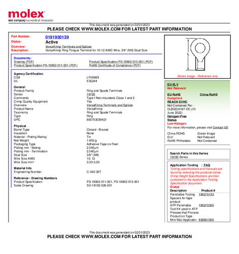 Molex 191930139 Ringkabelschoen Gat diameter: 9 mm 1 stuk(s) Tape