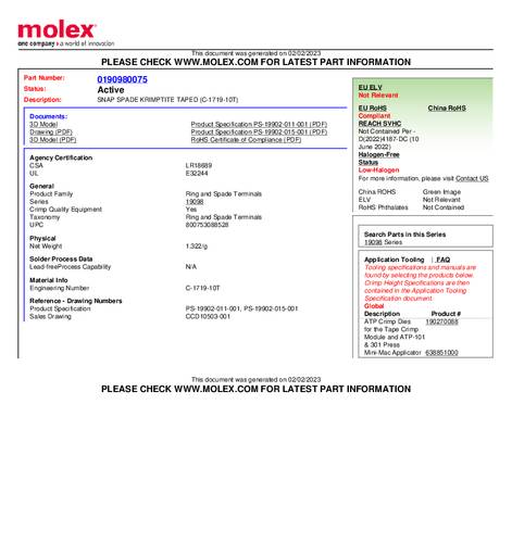 Molex 190980075 Vorkkabelschoen 1 stuk(s)