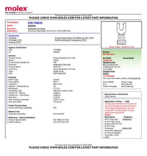 Molex 191150010 Vorkkabelschoen 1 stuk(s) Tape