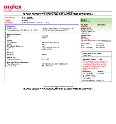 Molex 191410084 Vorkkabelschoen 1 stuk(s)