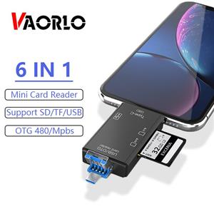 VAORLO 6 in 1 draagbare mini-kaartlezer Micro USB Type-C Plug OTG Adapter Ondersteuning TF-kaart spelen snelle transmissie voor Smartphone PC Laptop