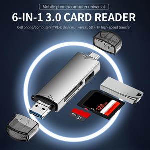 Beauty Decor Multifunctionele 6-in-1 kaartlezer Type-C-lezer Ondersteuning TF-kaart SD-kaart OTG USB 3.0 Micro USB-adapter voor MacBook, Android-telefoons en tablets