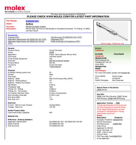 Molex 330001001 MX150 Tin Bld Term 330001001  Inhoud: 1 stuk(s)