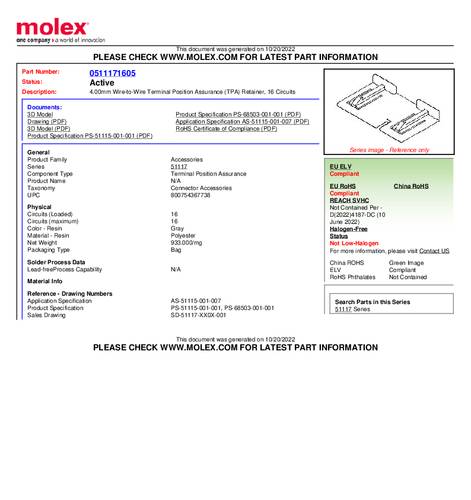 Molex 511171605 4.0 WTW RETAINER 511171605 Inhalt