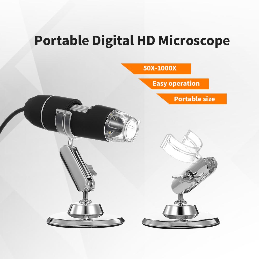 TOMTOP JMS Draagbare digitale microscoop 50X tot 1000X zoom HD-microscoop 3 in 1 USB-vergrootglas 8 LED-verlichting Zwart