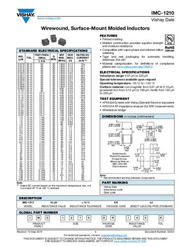 Vishay IMC1210ER1R0K Inductor SMD 1 µH 0.70 Ω 400 mA 1 stuk(s)