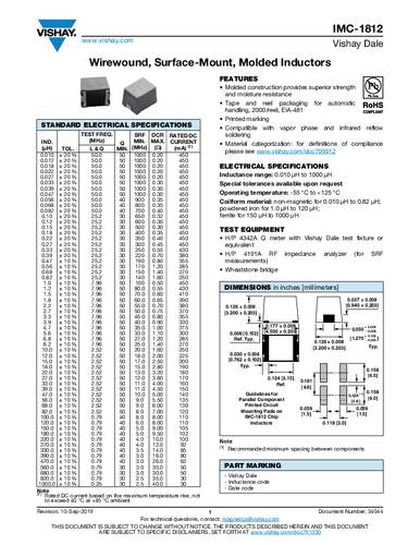 Vishay IMC1812ES1R0J Inductor SMD 1 µH 0.50 Ω 450 mA 1 stuk(s)